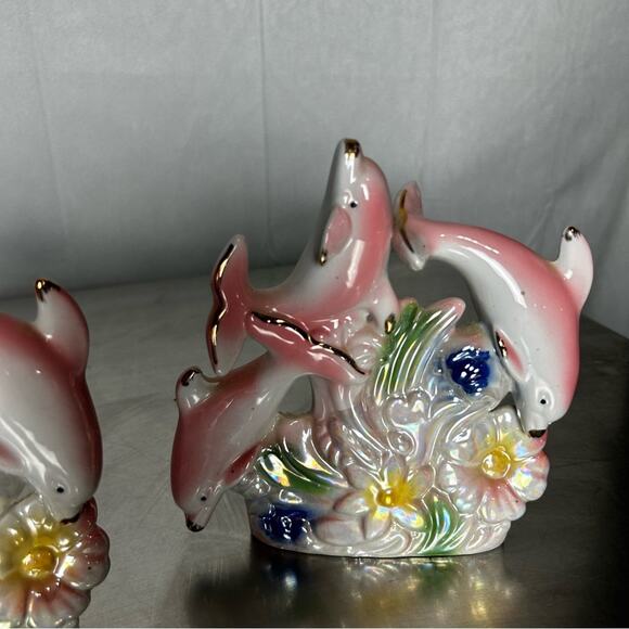 Vintage Set of 2 Iridescent Dolphins At Play Pink Floral Beachy Glass Figurines - Picture 4 of 5